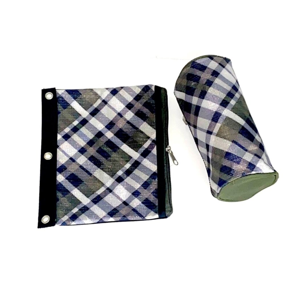 School Supplies Green Tartan Plaid Binder Notebook Pouch + Pencil Pouch Gift